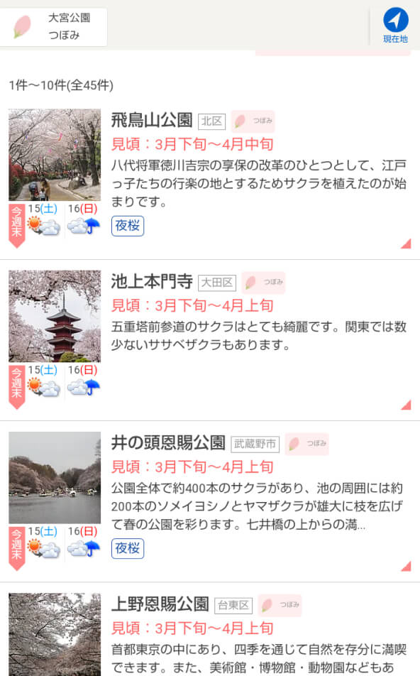 複数の桜名所の開花状況が「つぼみ」と表示された一覧画面