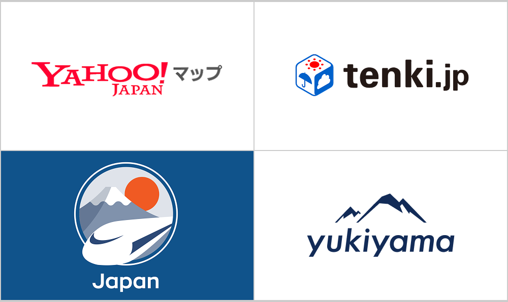 yahoo!japanマップとtenki.jpとnavitimeとyukiyamaの企業ロゴ